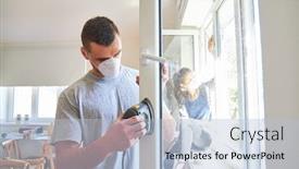  Presentation with home window frame - Colorful presentation enhanced with young-man-as-a-home backdrop and a light blue colored foreground