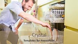  Presentation with distribution - PPT theme featuring young-man-as-a-housewife background and a coral colored foreground