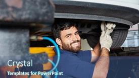  Presentation with repair shop - Audience pleasing PPT theme consisting of young-man-as-a-mechatronics backdrop and a ocean colored foreground