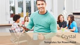  Presentation with entrepreneur - Colorful presentation design enhanced with young man as a successful entrepreneur in front of his team in the meeting backdrop and a lemonade colored foreground