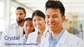  Presentation with doctor asian - Beautiful PPT layouts featuring young man as asian doctor assistant with team in hospital backdrop and a sky blue colored foreground