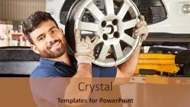  Presentation with apprentice - Amazing PPT theme having young-man-as-mechanic-apprentice backdrop and a coral colored foreground