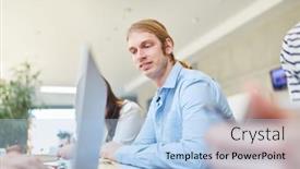  Presentation with study - Amazing presentation theme having young man as student in study group at university backdrop and a light blue colored foreground