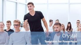  Presentation with questions - Presentation theme having young-man-asks-questions-during background and a teal colored foreground