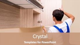  Presentation with kitchen furniture - PPT theme featuring young man assembling kitchen furniture background and a coral colored foreground