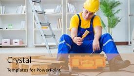  Presentation with pallet - Colorful PPT layouts enhanced with young man assembling wood pallet backdrop and a coral colored foreground