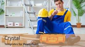  Presentation with pallet - Theme enhanced with young man assembling wood pallet background and a  colored foreground