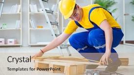  Presentation with pallet - Beautiful PPT theme featuring young man assembling wood pallet backdrop and a  colored foreground