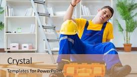  Presentation with pallet - Slides with young man assembling wood pallet background and a  colored foreground