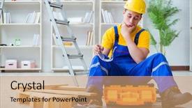  Presentation with pallet - Audience pleasing PPT layouts consisting of young man assembling wood pallet backdrop and a  colored foreground