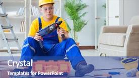  Presentation with pallet - PPT theme consisting of young man assembling wood pallet background and a  colored foreground