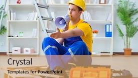  Presentation with pallet - Cool new slides with young man assembling wood pallet backdrop and a  colored foreground