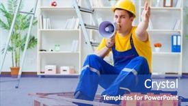  Presentation with pallet - Beautiful PPT theme featuring young man assembling wood pallet backdrop and a  colored foreground