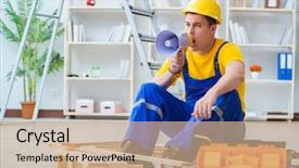  Presentation with pallet - PPT theme enhanced with young man assembling wood pallet background and a coral colored foreground