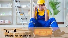  Presentation with pallet - Colorful PPT layouts enhanced with young man assembling wood pallet backdrop and a  colored foreground