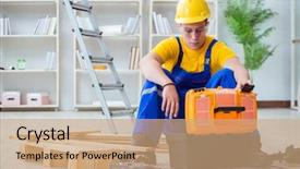  Presentation with pallet - Colorful presentation design enhanced with young man assembling wood pallet backdrop and a  colored foreground