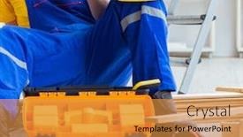  Presentation with pallet - PPT theme enhanced with young man assembling wood pallet background and a gold colored foreground