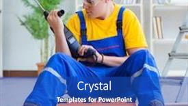  Presentation with pallet - Presentation theme enhanced with young man assembling wood pallet background and a cobalt blue colored foreground