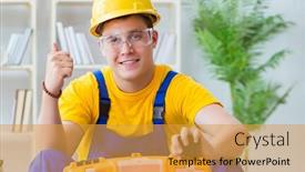  Presentation with pallet - Colorful slide set enhanced with young-man-assembling-wood-pallet backdrop and a gold colored foreground