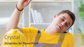  Presentation with pallet - Slide set having young-man-assembling-wood-pallet background and a yellow colored foreground