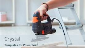  Presentation with pallet - Presentation theme featuring young-man-assembling-wood-pallet background and a sky blue colored foreground