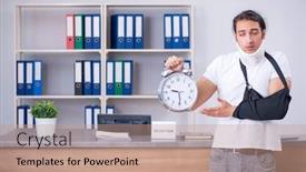  Presentation with desk - PPT theme enhanced with young man at hospital reception desk background and a coral colored foreground