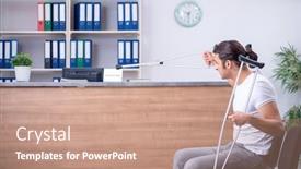  Presentation with hospital - PPT theme with young-man-at-hospital-reception and a coral colored foreground