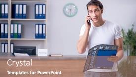  Presentation with hospital - Colorful PPT layouts enhanced with young-man-at-hospital-reception backdrop and a coral colored foreground