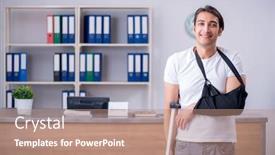  Presentation with hospital - Beautiful PPT theme featuring young-man-at-hospital-reception backdrop and a coral colored foreground