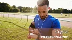  Presentation with smartwatch - Beautiful slide set featuring young man at running track backdrop and a coral colored foreground