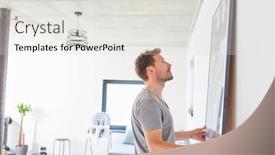  Presentation with picture frame - Audience pleasing presentation design consisting of young-man-attaches-a-picture backdrop and a light gray colored foreground