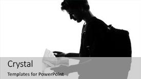  Presentation with traveler - Beautiful presentation theme featuring young man backpacker traveler looking at map silhouette in studio isolated on white background backdrop and a light gray colored foreground