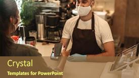  Presentation with cashless - Cool new presentation theme with young-man-barista-wearing-medical backdrop and a tawny brown colored foreground