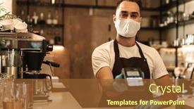  Presentation with cashless - PPT theme having young-man-barista-wearing-medical background and a tawny brown colored foreground