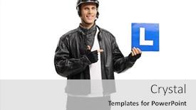  Presentation with drivers - PPT theme with young-man-biker-holding background and a light gray colored foreground