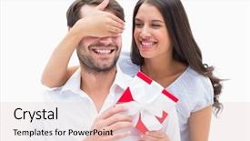  Presentation with gift of love - Presentation enhanced with young man birthday - pretty brunette surprising boyfriend background and a lemonade colored foreground