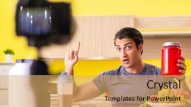  Presentation with food supplements - Beautiful presentation theme featuring young man blogging about food backdrop and a  colored foreground