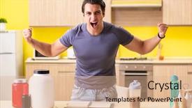  Presentation with food supplements - PPT layouts with young man blogging about food background and a coral colored foreground