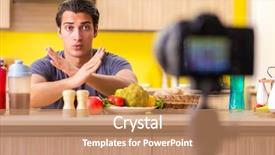  Presentation with food supplements - Slide deck enhanced with young man blogging about food background and a  colored foreground