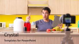  Presentation with food supplements - Colorful presentation theme enhanced with young man blogging about food backdrop and a coral colored foreground