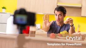  Presentation with food supplements - Beautiful presentation featuring young man blogging about food backdrop and a  colored foreground