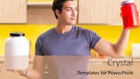  Presentation with food supplements - PPT theme consisting of young-man-blogging-about-food background and a coral colored foreground