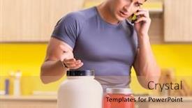  Presentation with food supplements - Colorful PPT theme enhanced with young-man-blogging-about-food backdrop and a coral colored foreground