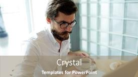  Presentation with seeking - Audience pleasing slide deck consisting of young man browsing in the net or seeking for vacancy by breakfast in cafe backdrop and a coral colored foreground