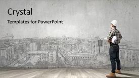  Presentation with project - Cool new PPT layouts with young man builder looking thoughtfully at construction project idea concept backdrop and a light gray colored foreground