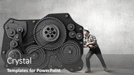  Presentation with effort - Cool new theme with young man builder making effort to move gears mechanism backdrop and a dark gray colored foreground