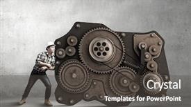  Presentation with effort - Colorful presentation design enhanced with young man builder making effort to move gears mechanism backdrop and a dark gray colored foreground