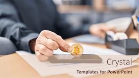  Presentation with bitcoin - Presentation design featuring young-man-business-worker-inserting background and a lemonade colored foreground