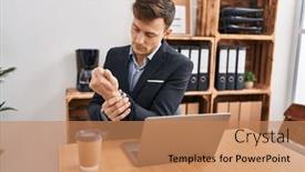  Presentation with pain - PPT layouts having young-man-business-worker-suffering background and a coral colored foreground