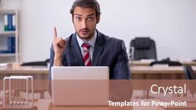  Presentation with employee - PPT theme enhanced with young-man-businessman-employee-sitting background and a coral colored foreground